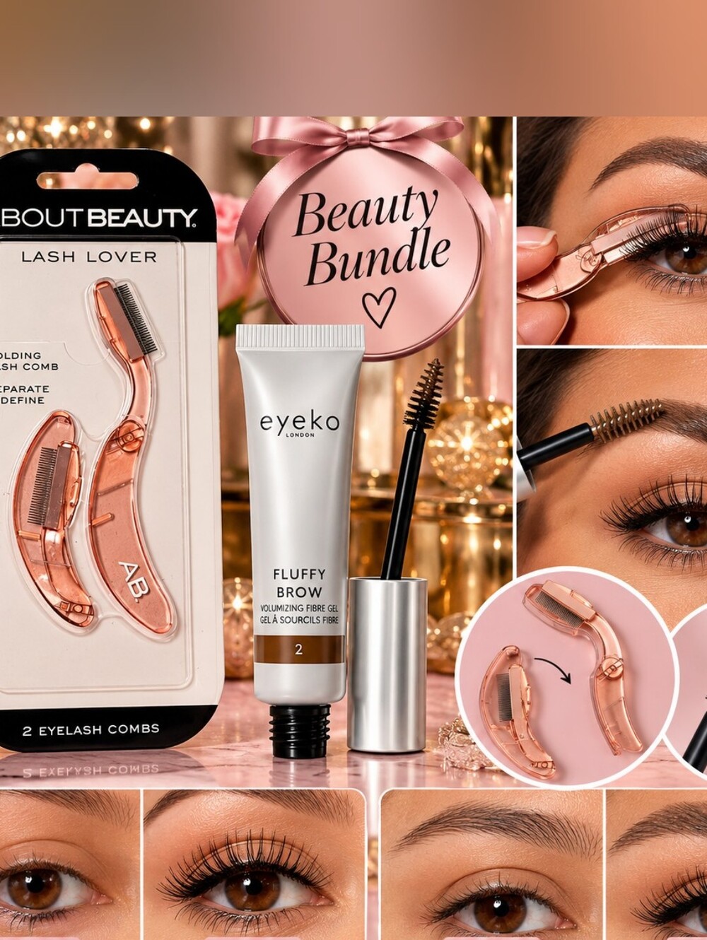 Eyeko Fluffy Brow Volumizing Gel W Rose Gold Lash Combs -Pink & Rose Gold Bundle